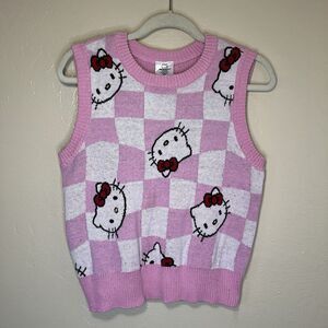 HELLO KITTY Women's Sz S Cropped Pink White Checkered Knitted Sweater Vest